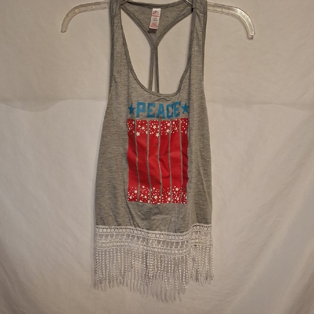 Juniors Gray Tank Top with Red and Blue Peace Graphic